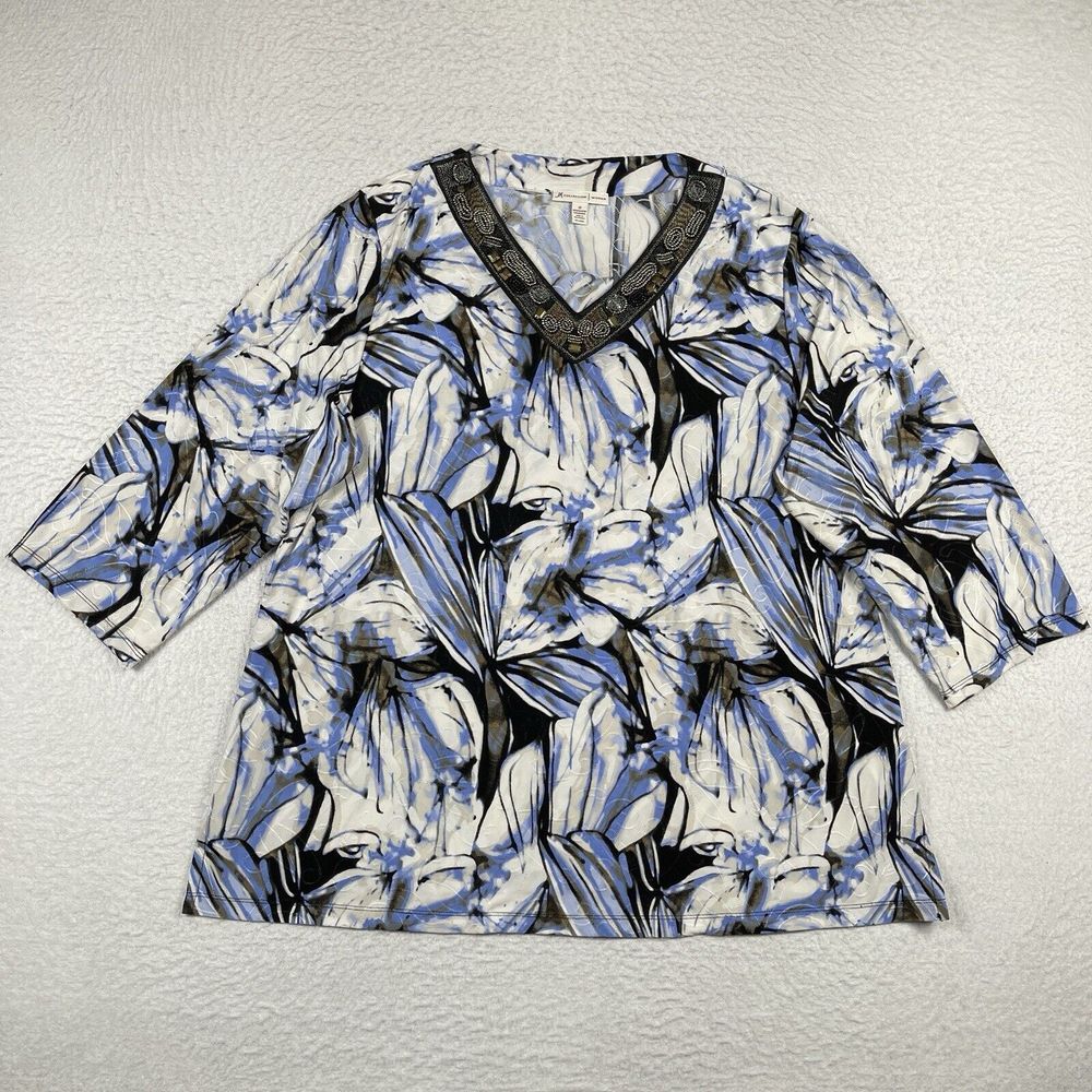 JM Collection Shirt Womens 3X Blue Black White Silver Beads Floral Career Tunic